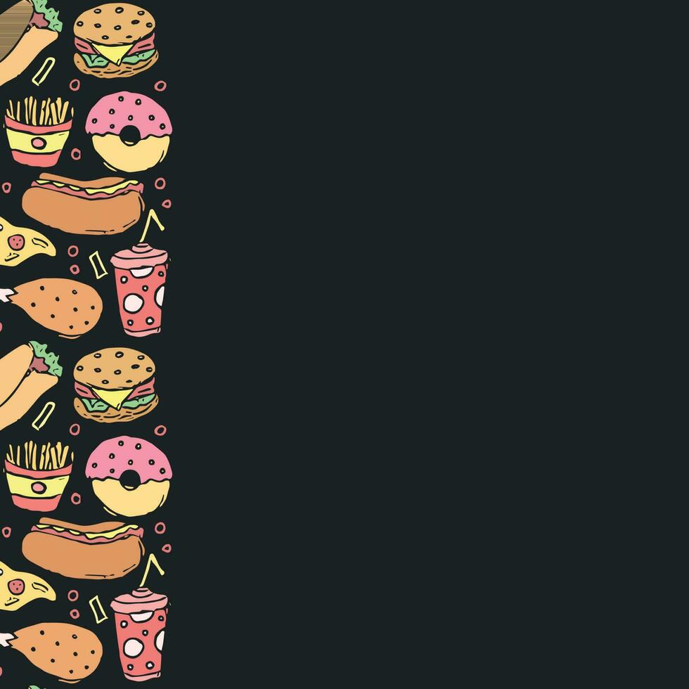 fast food background with place for text. Doodle fastfood icons. Drawn food illustration vector
