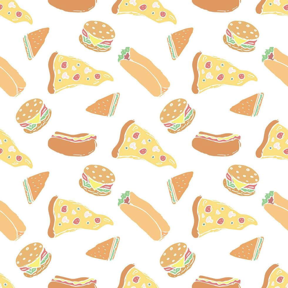 Seamless fast food pattern. fast food background. Doodle fastfood icons. Drawn food pattern vector