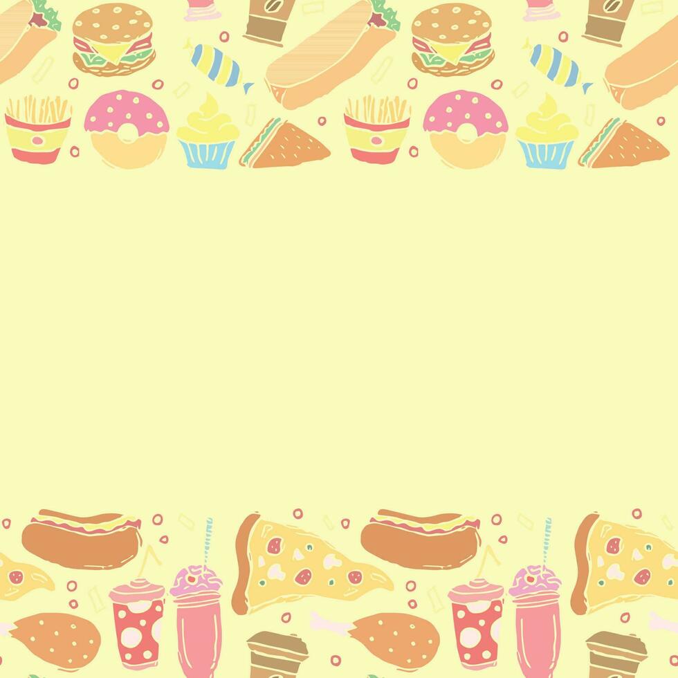 fast food background with place for text. Doodle fastfood icons. Drawn food illustration vector