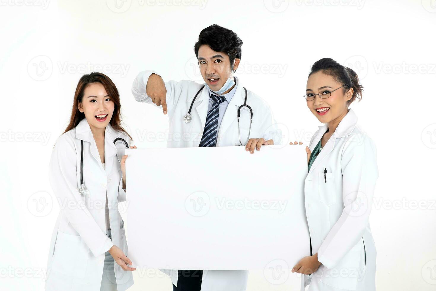 Asian Chinese Malay male female doctor holding posing showing pointing blank expression happy exited white paper board on white background photo