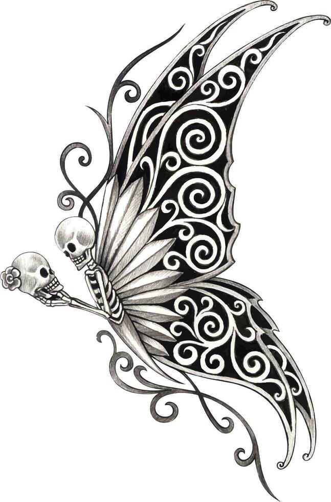 Surreal butterfly skull tattoo. Hand drawing and make graphic vector ...