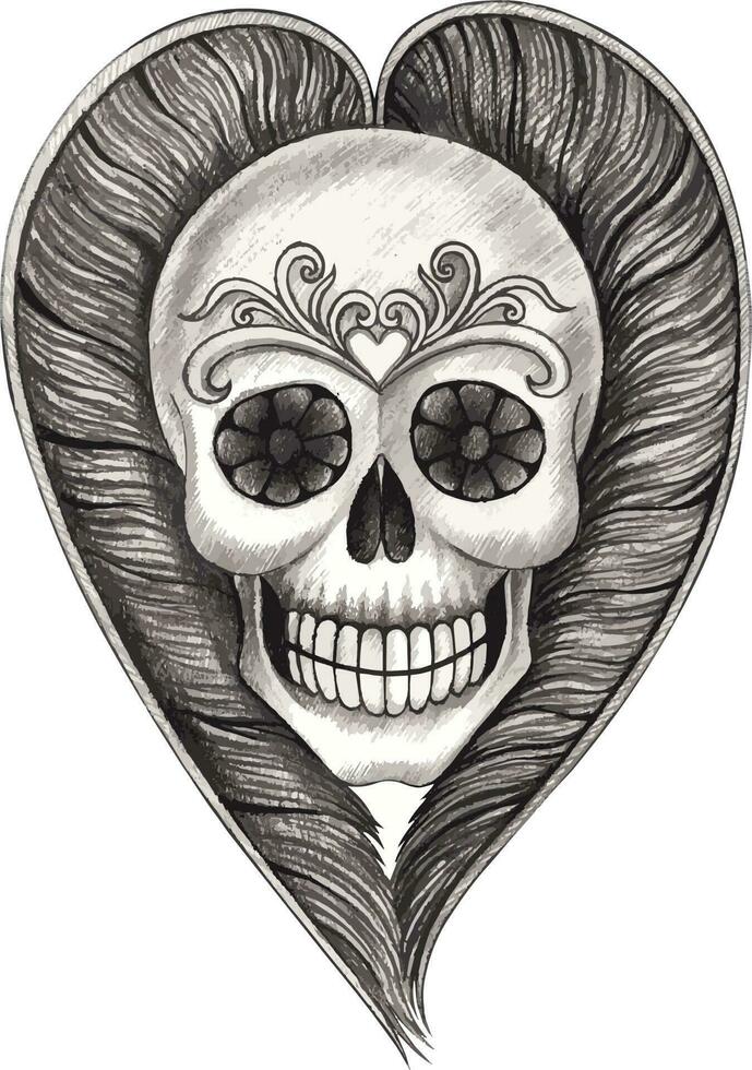 Fancy feather heart skull. Hand drawing and make graphic vector. vector