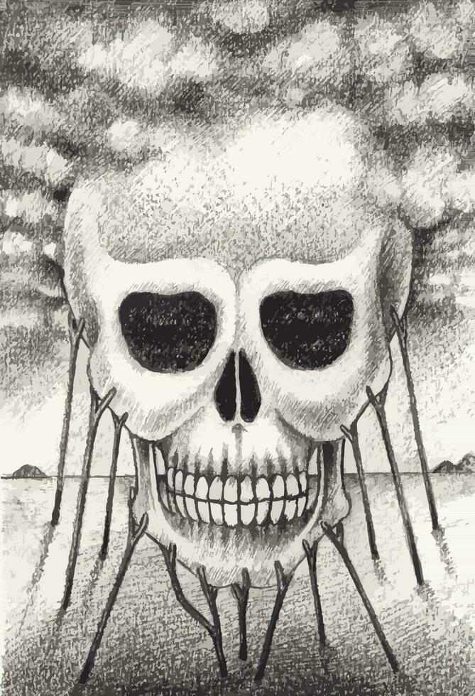 Art surreal skull. Hand drawing and make graphic vector. vector