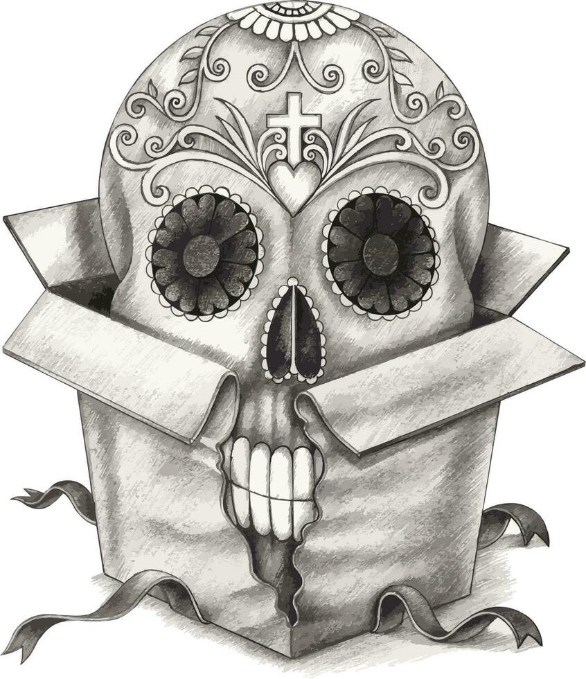 Fancy sugar skull in the gift box. Hand drawing and make graphic vector. vector