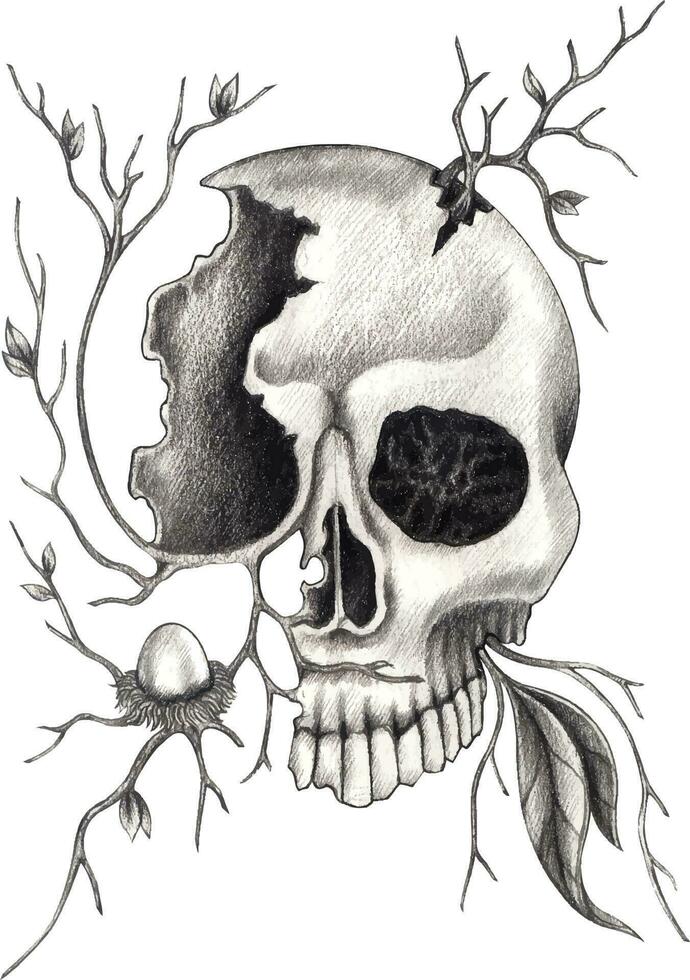 Surreal skull. Hand drawing and make graphic vector. vector