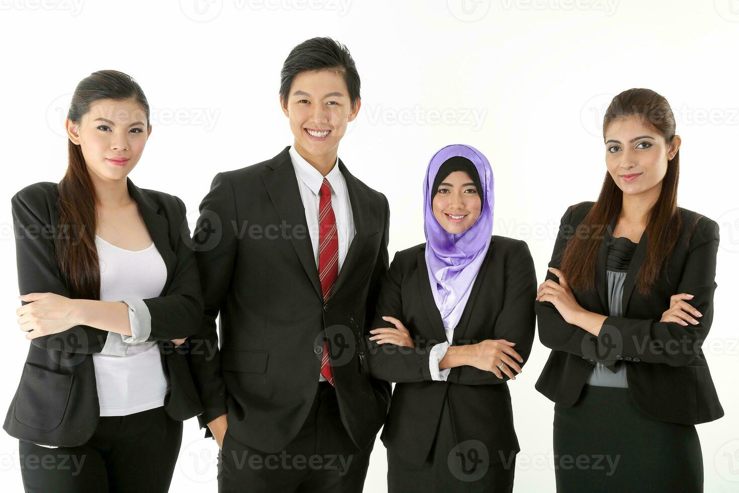 South East Asian young Chinese Indian Malay headscarf man woman wearing formal business office ware on white background stand pose togetherness team photo
