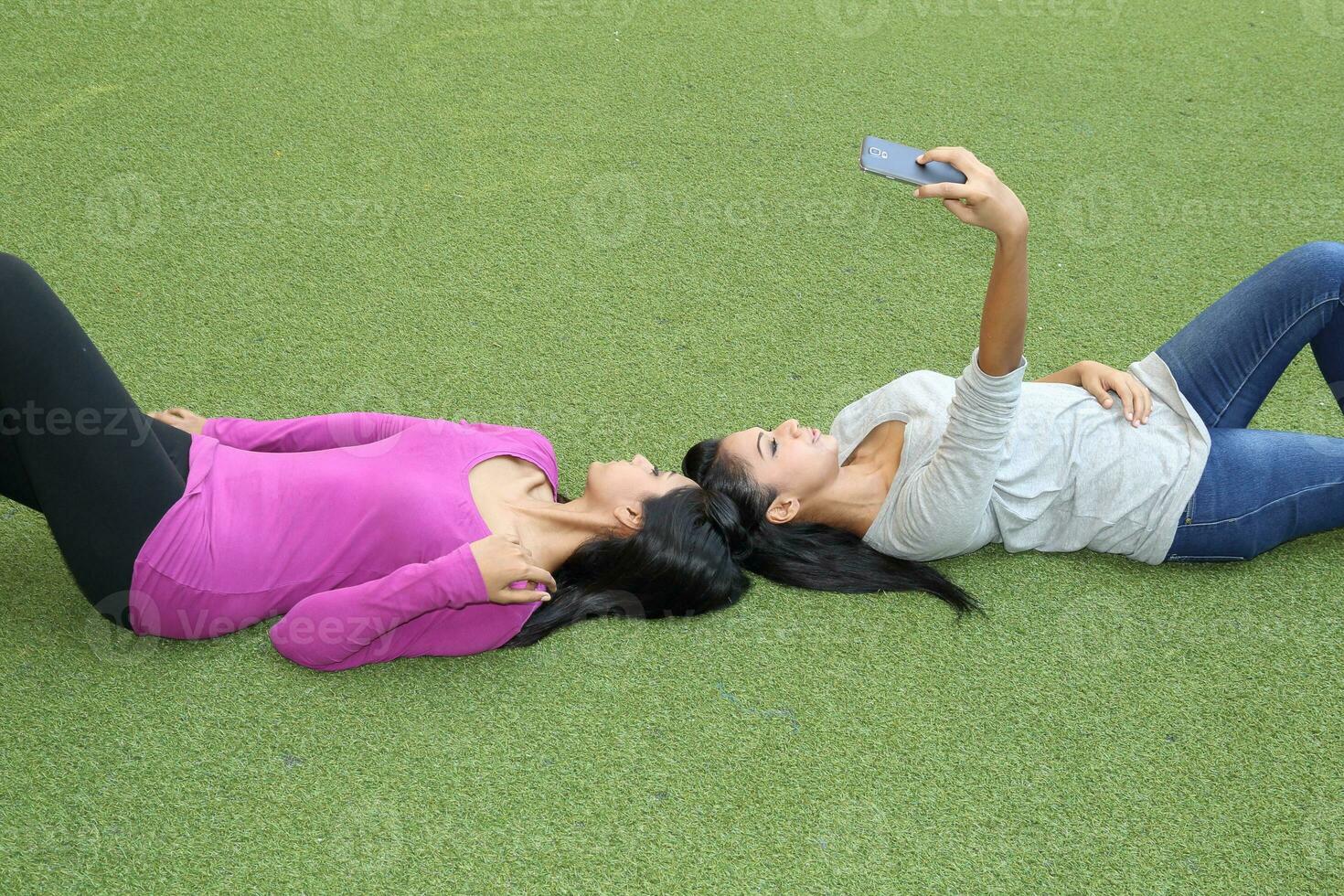 Asian young man woman friend student colleagues outdoor active work study relax photo