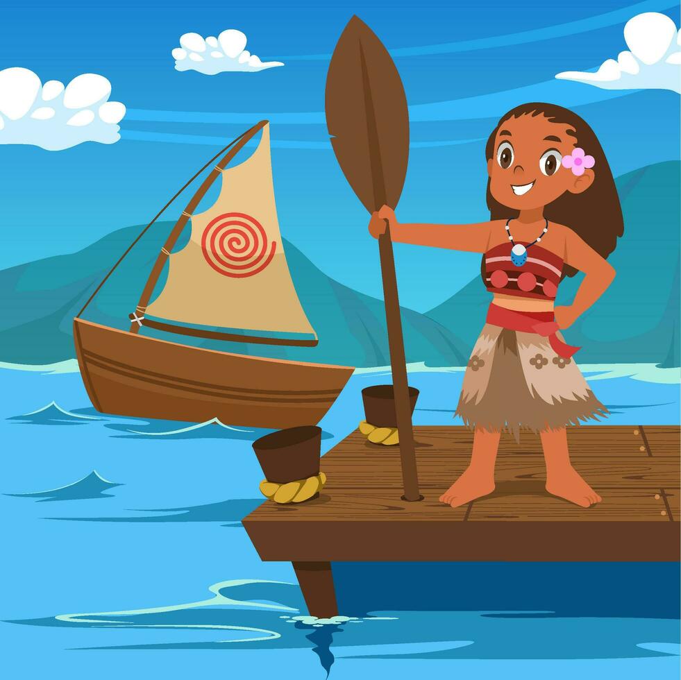 valiente polinesio niña navegación en Oceano vector