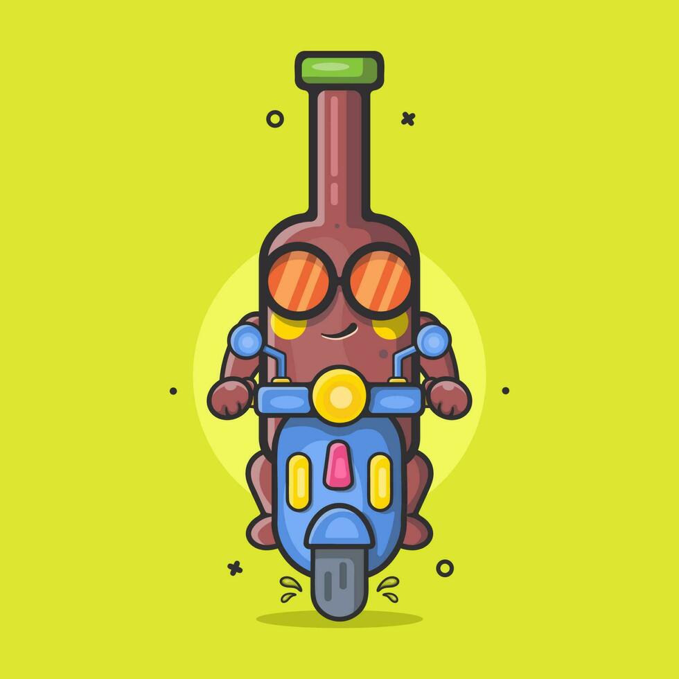 frio cerveza botella personaje mascota montando scooter motocicleta aislado dibujos animados en plano estilo diseño vector