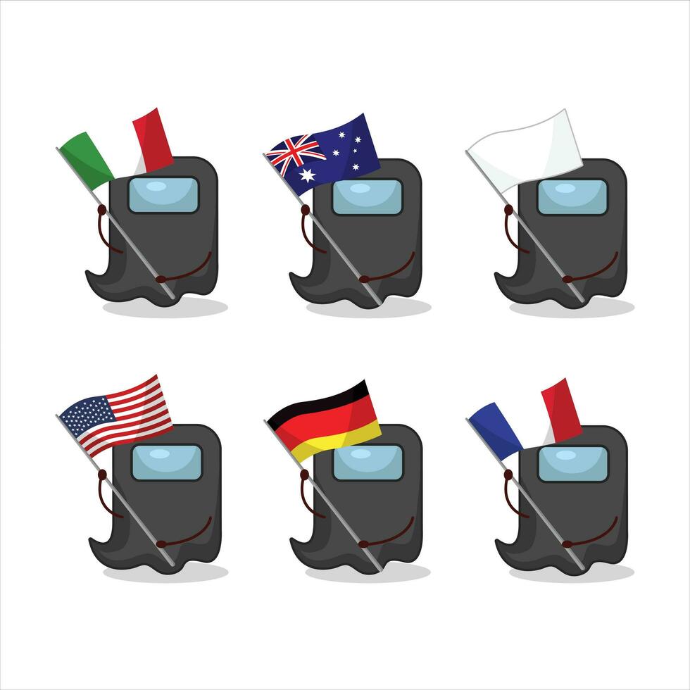fantasma entre nosotros negro dibujos animados personaje traer el banderas de varios países vector