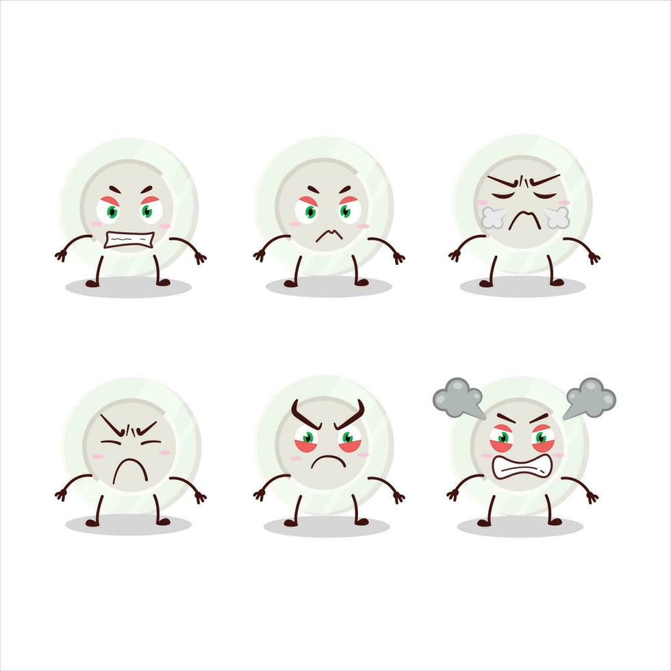 blanco plato dibujos animados personaje con varios enojado expresiones vector