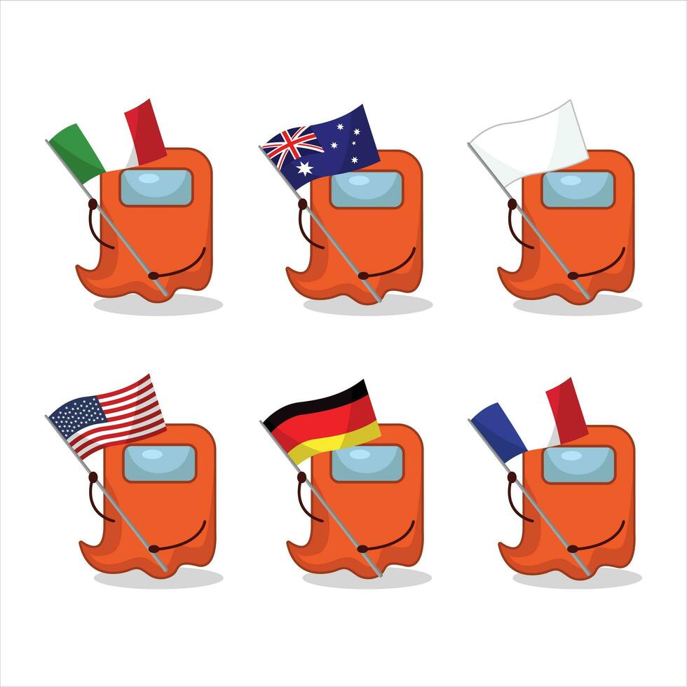 Ghost among us orange cartoon character bring the flags of various countries vector