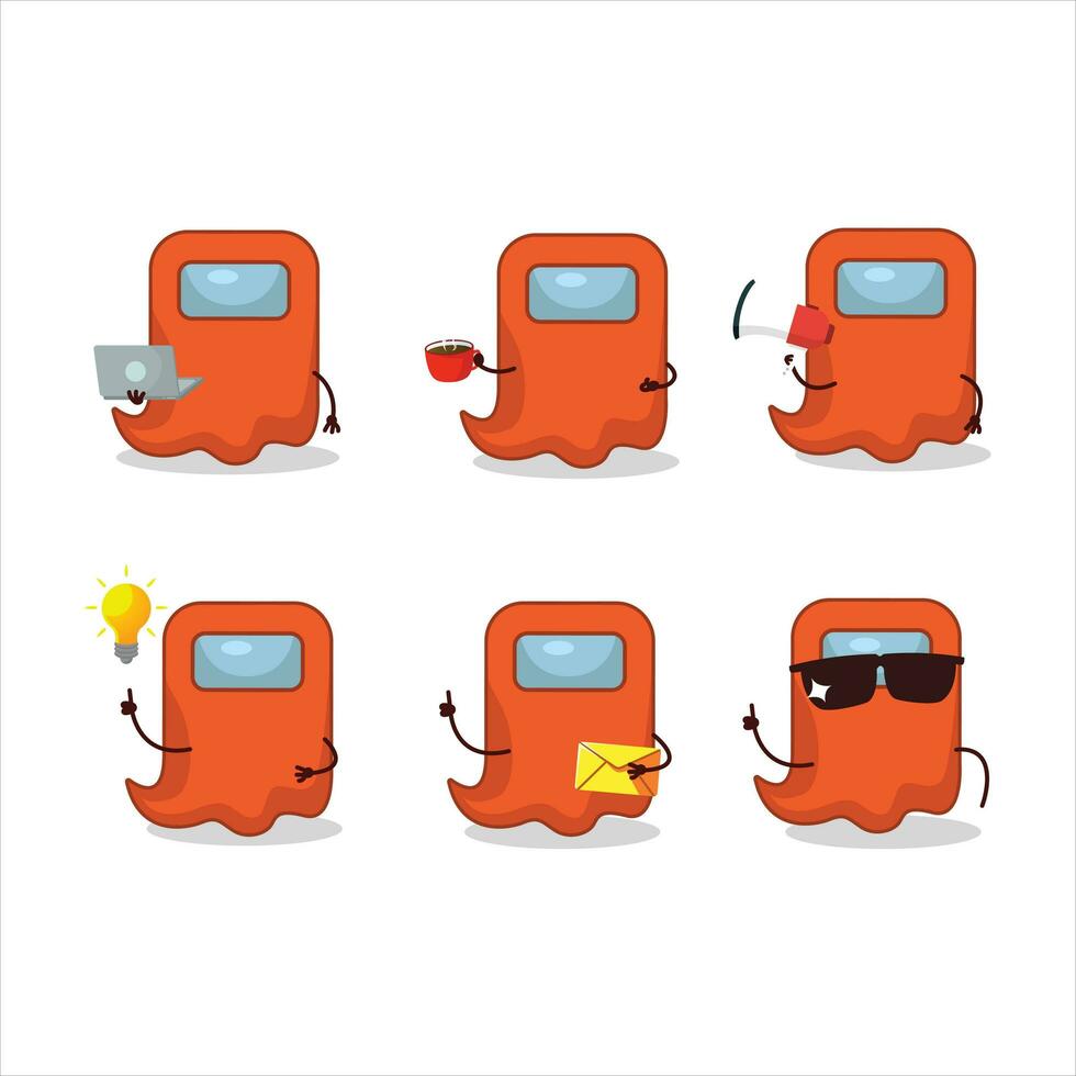Ghost among us orange cartoon character with various types of business emoticons vector