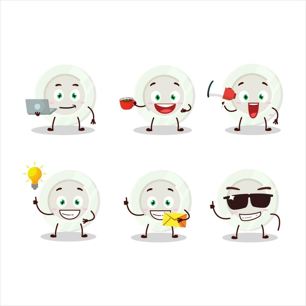 blanco plato dibujos animados personaje con varios tipos de negocio emoticones vector