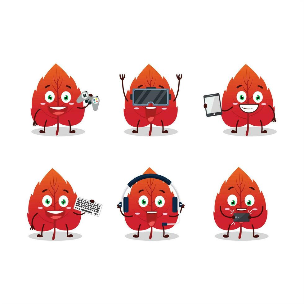 Red dried leaves cartoon character are playing games with various cute emoticons vector