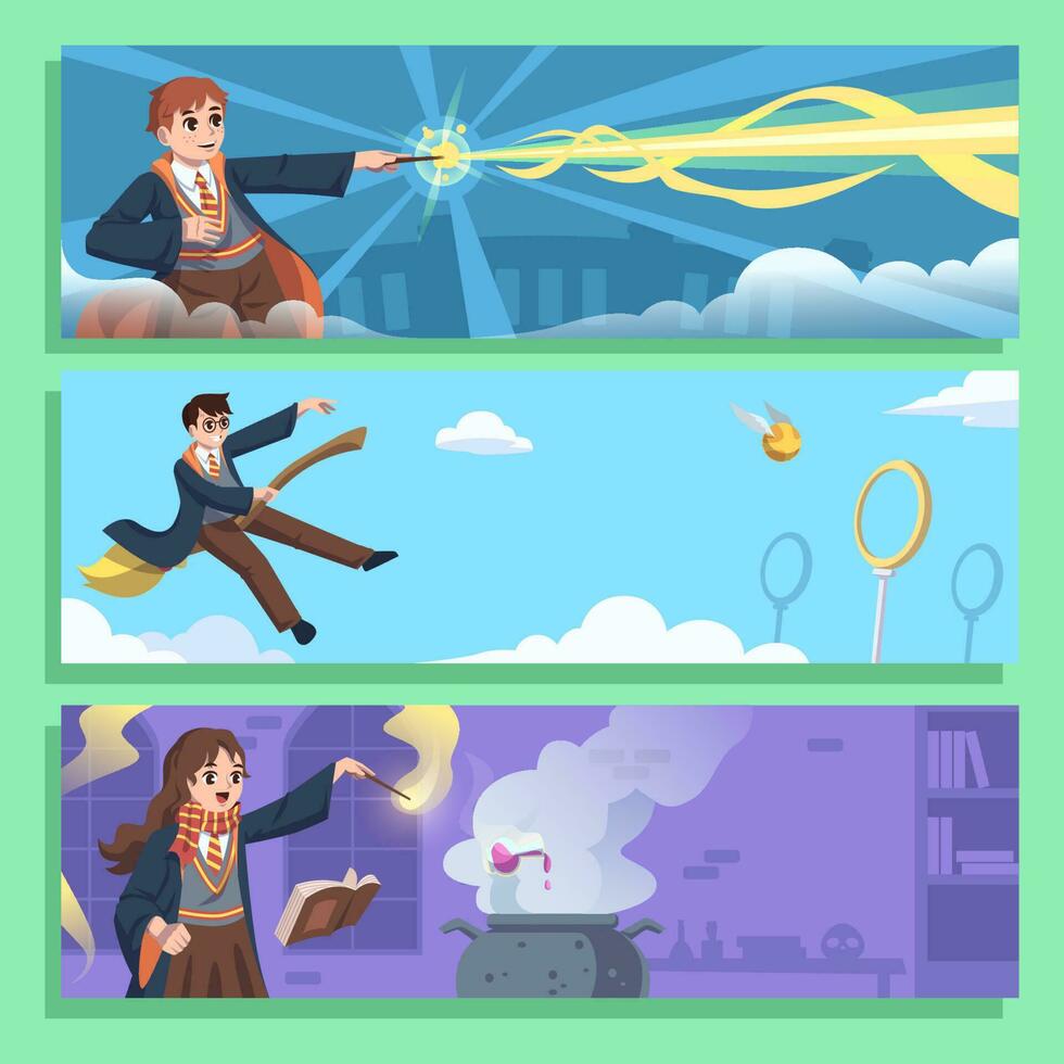 Wizard Boy and Girl in Action Banner Set vector