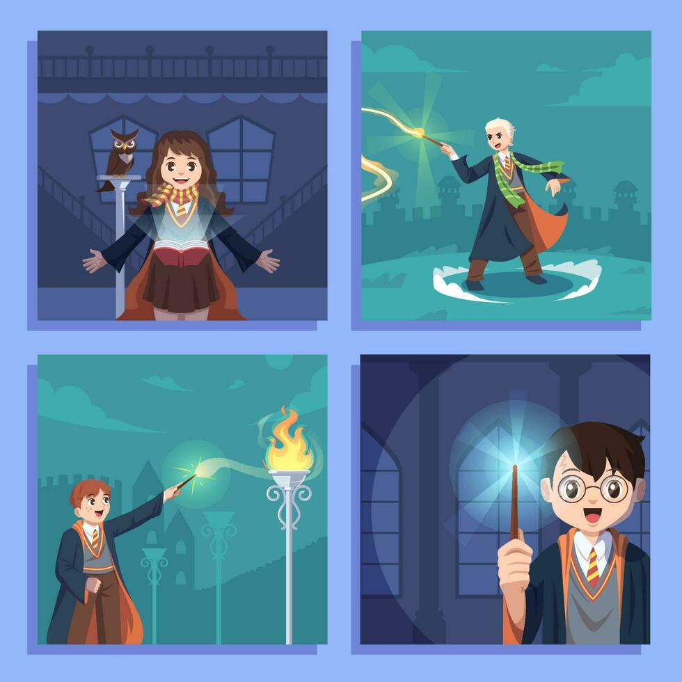 Wizard Boy and Girl Performing Magic Power Social Media Post vector