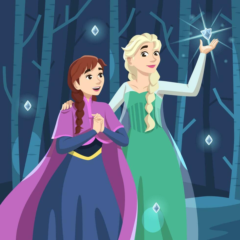 Ice Princess and Her Sister Looking at Ice Crystals vector