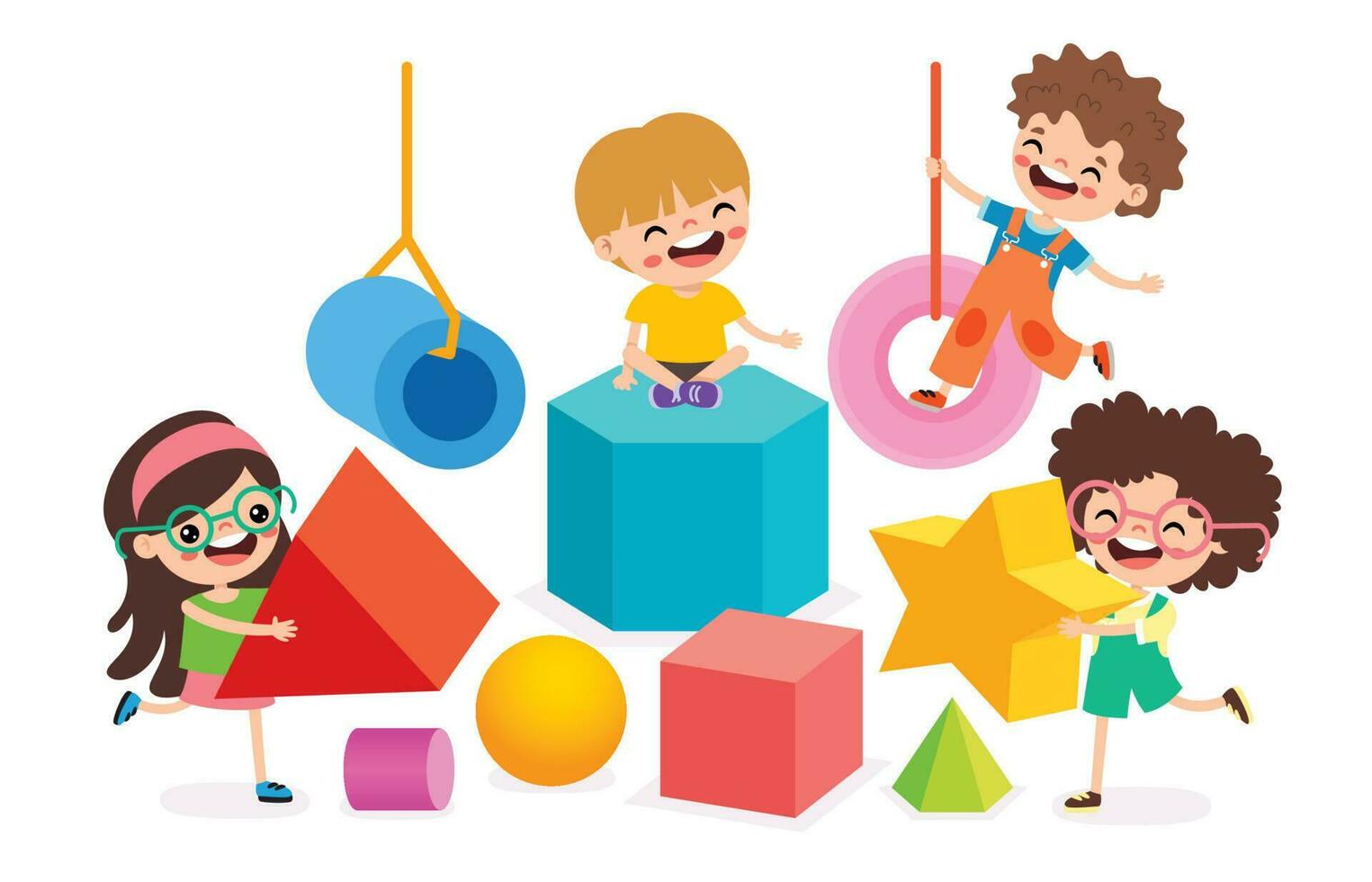 Kids Playing With 3d Geometric Shapes vector