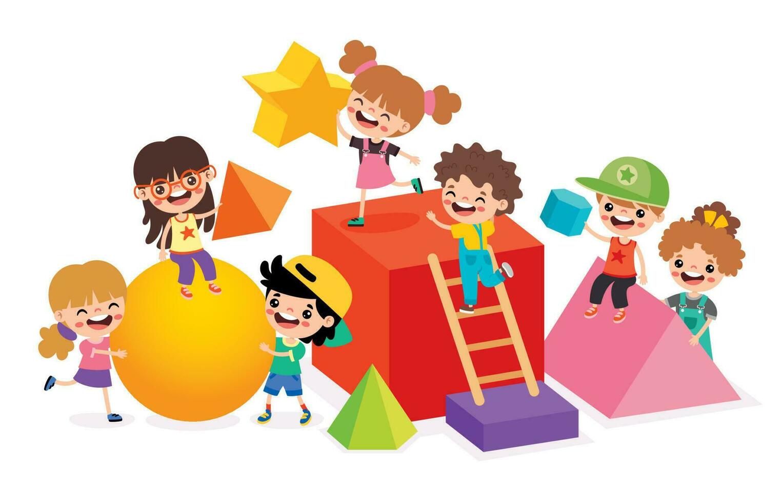 Kids Playing With 3d Geometric Shapes vector