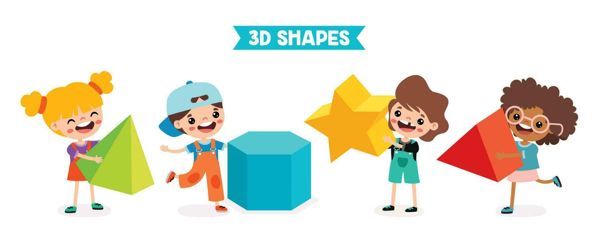 niños jugando con 3d geométrico formas vector