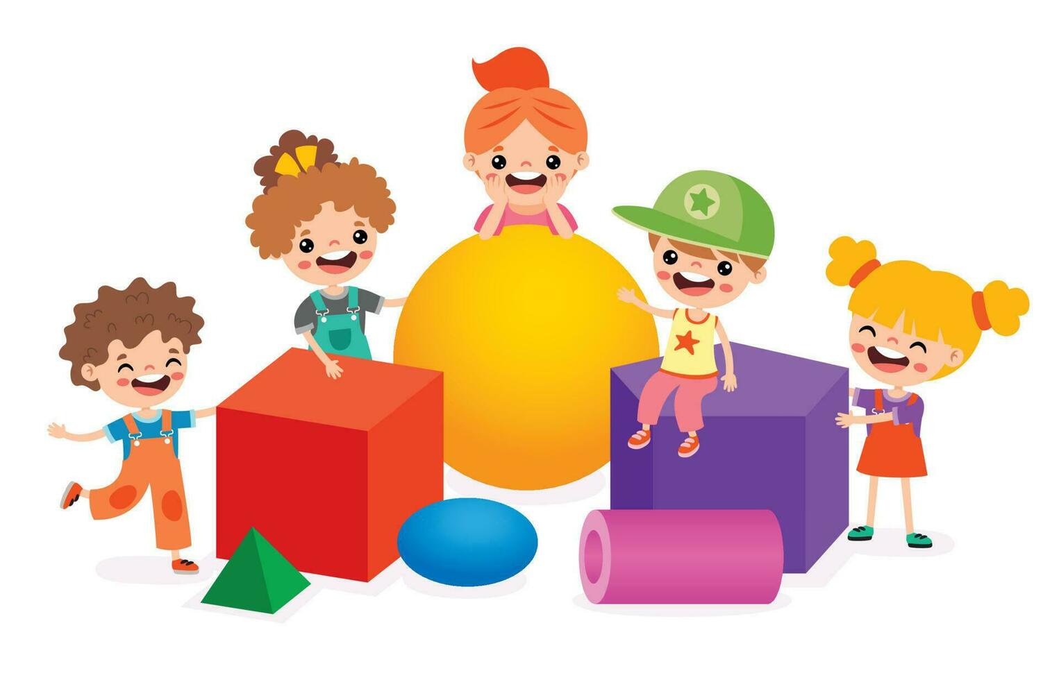 Kids Playing With 3d Geometric Shapes vector