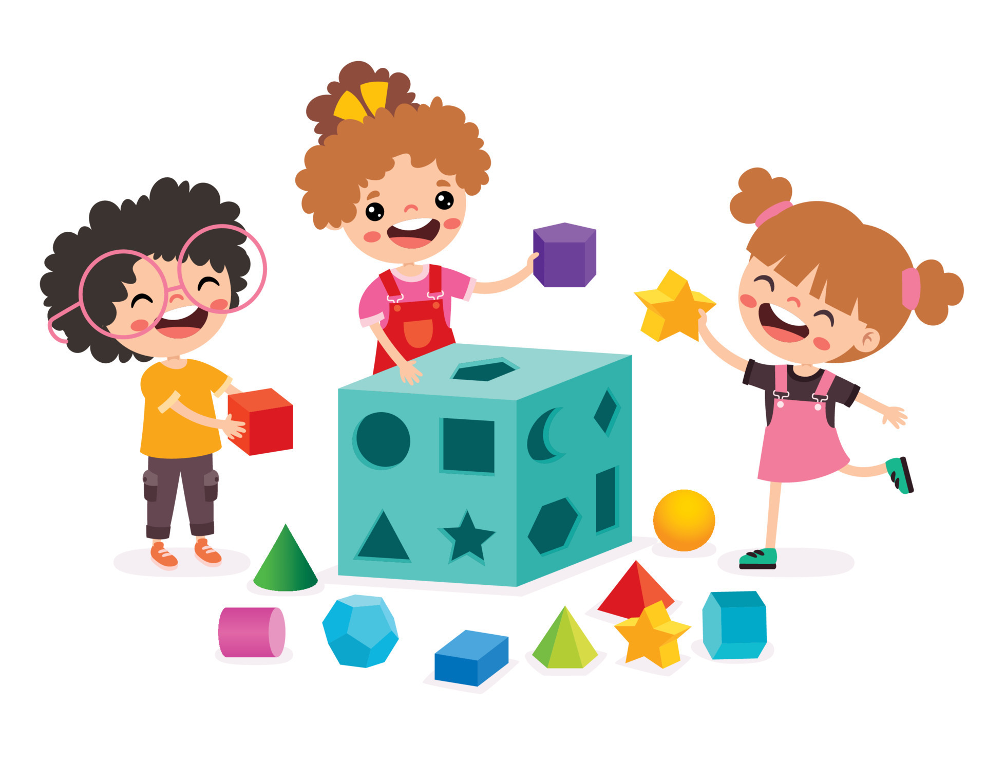 Playing with shapes. Kids playing vector.