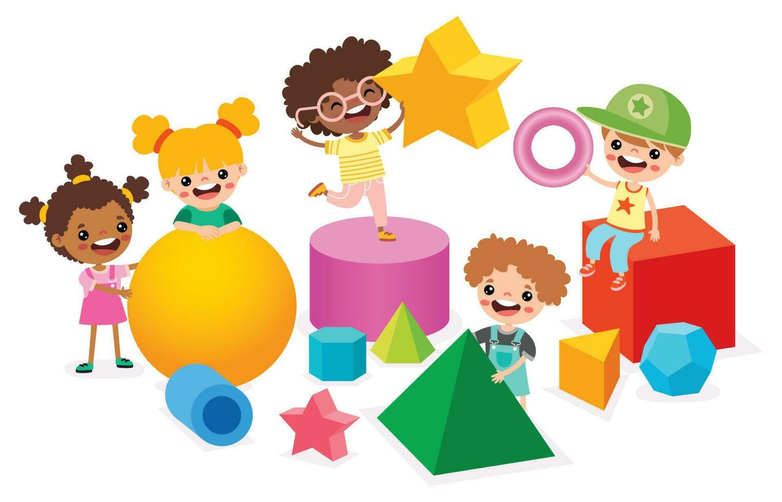 Kids Playing With 3d Geometric Shapes vector