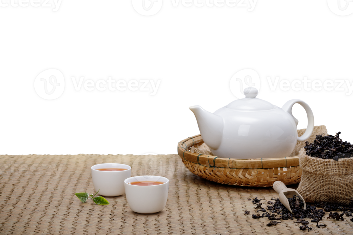 Tea cup with with steaming teapot on the wooden desk with transparent background png, Japanese style png