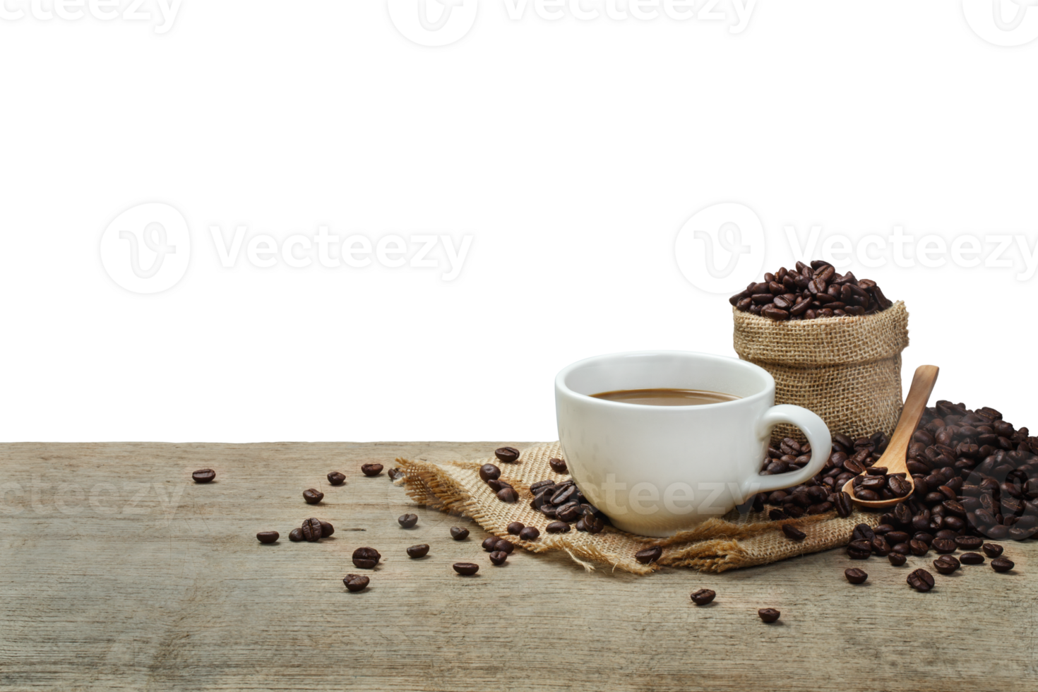 Hot Coffee cup with Coffee beans on the wooden table with transparent background png
