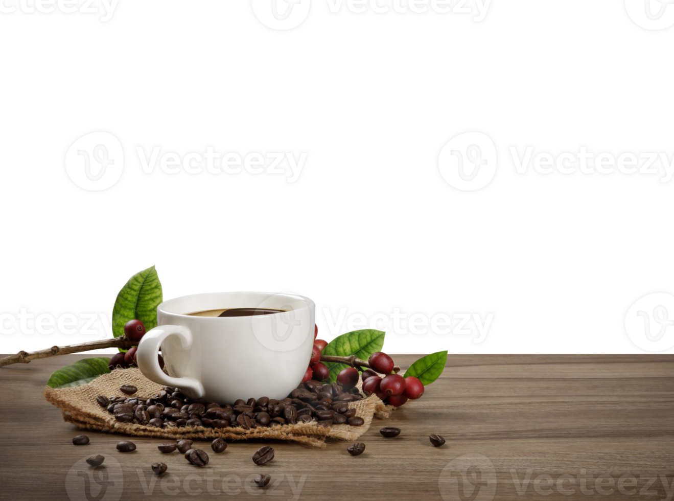 Hot Coffee cup with Coffee beans on the wooden table with transparent background png