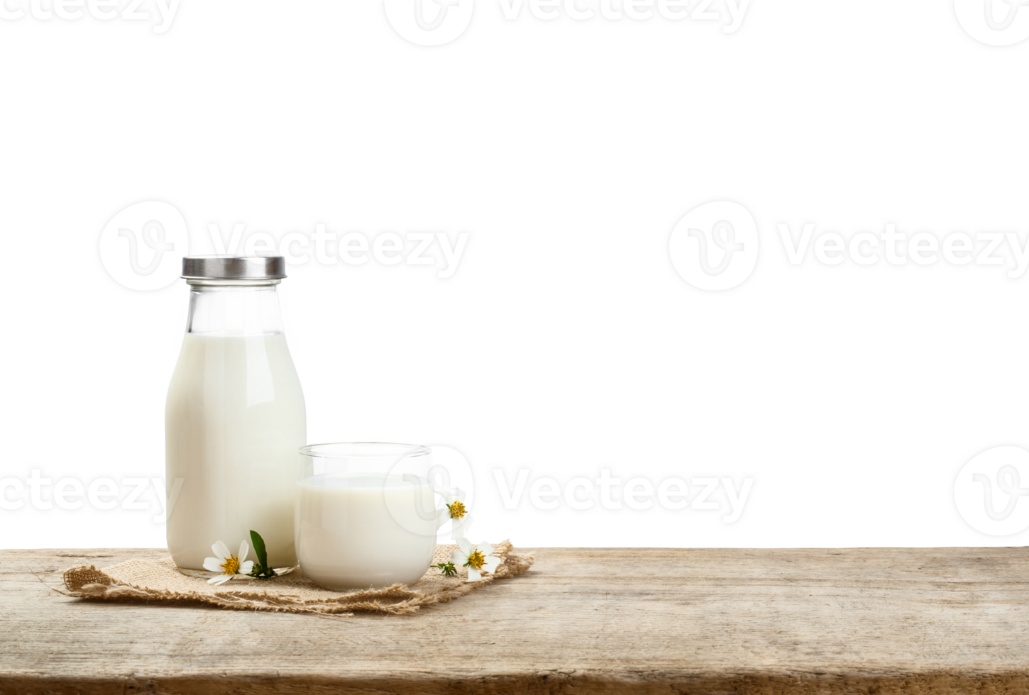 A bottle of milk and glass of milk on a wooden table with transparent background png, nutritious and healthy dairy products png