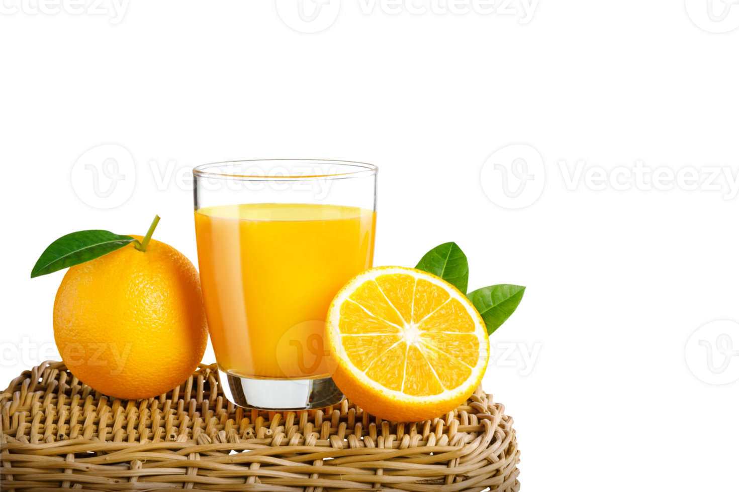 Glass of fresh orange juice on a basket, Fresh fruits Orange juice in glass with group on transparent background png