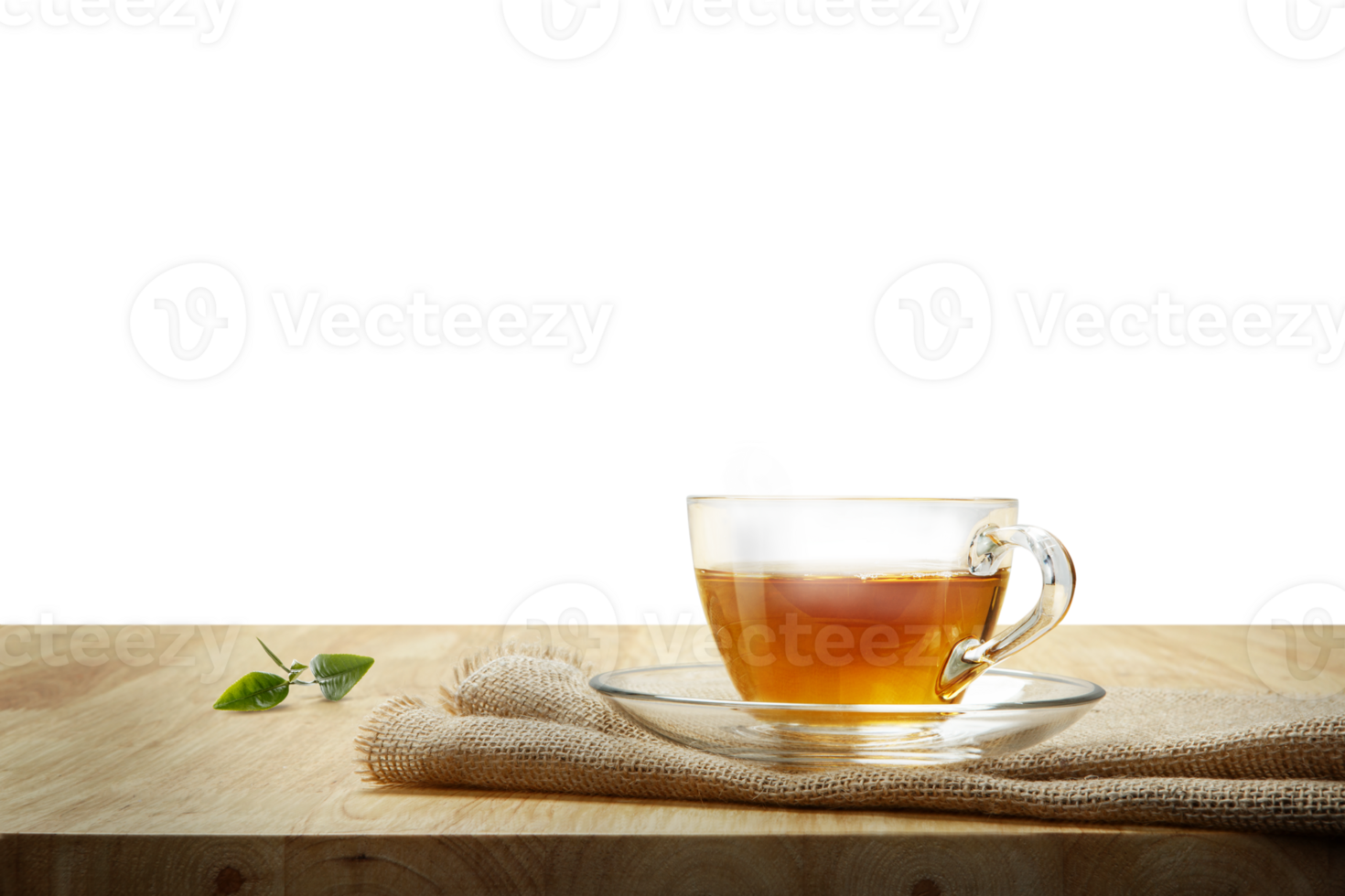 Warm cup of tea and tea leaf on the wooden table with transparent background png