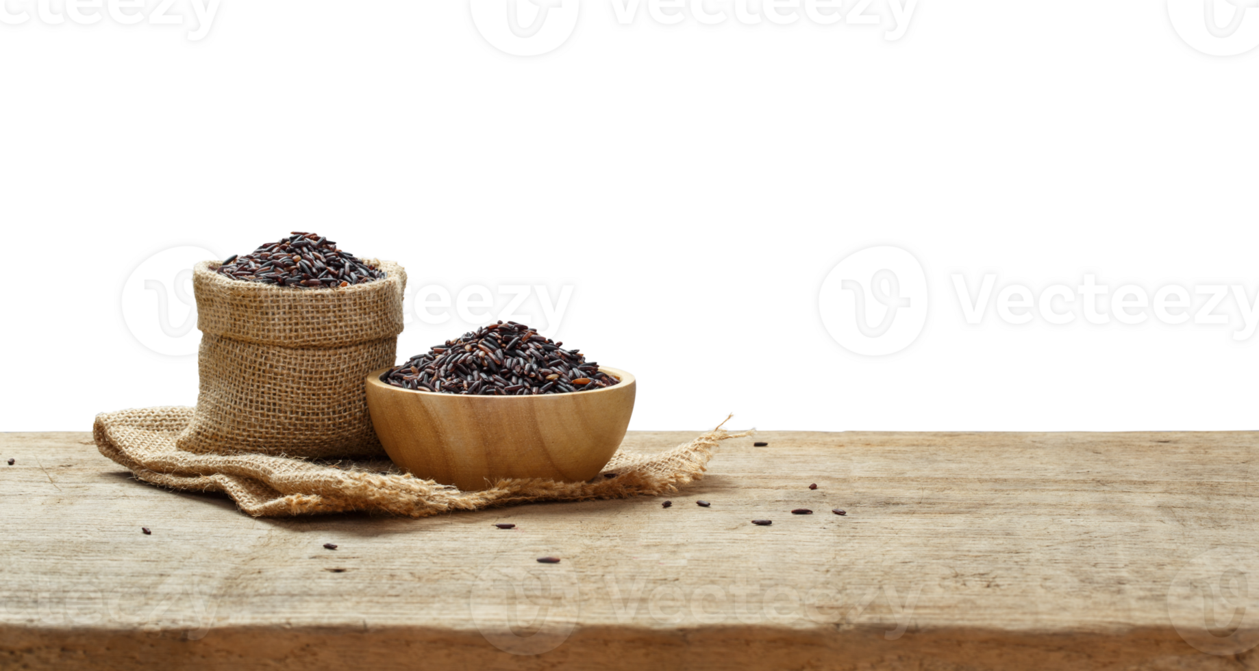 Riceberry in wooden bowl with the chopsticks on the wooden table with transparent background png