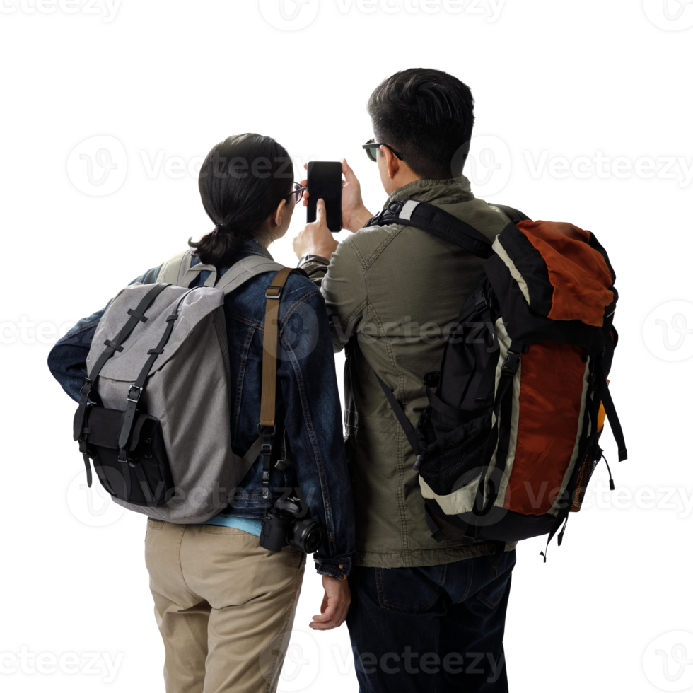 Young traveler man and girl with the backpack using smartphone searching direction on location map transparent background png, Adventure and travel in the mountains region concept png