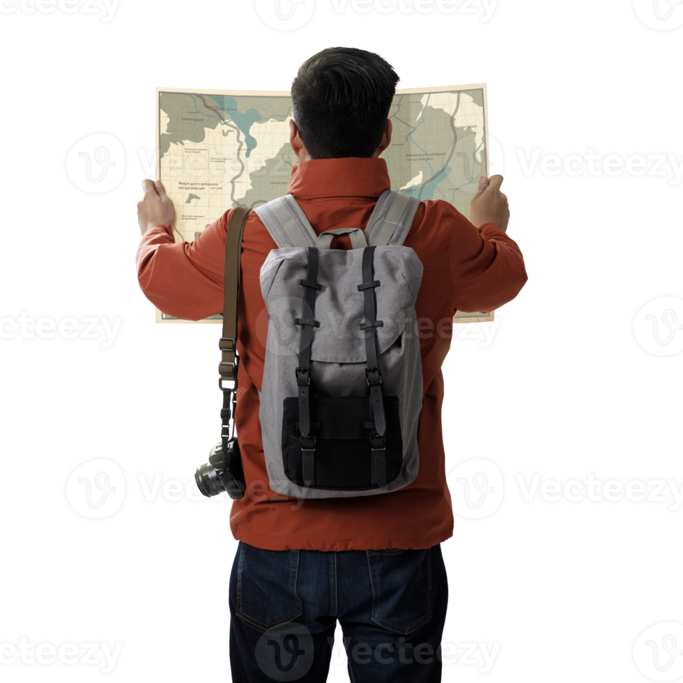 A young traveler man with backpack in look searching direction on location map transparent background png, Adventure and travel in the mountains region concept png