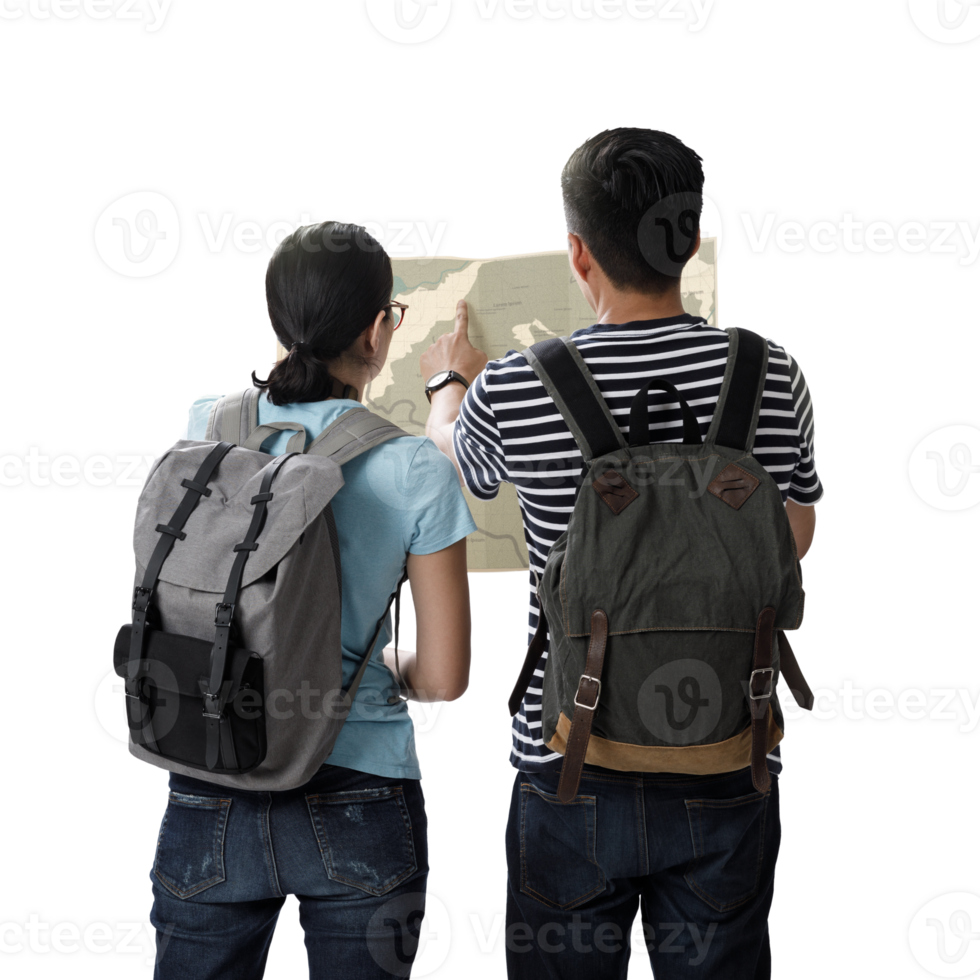Travelers couple with the backpack look searching direction on location map transparent background png, Adventure and travel concept png