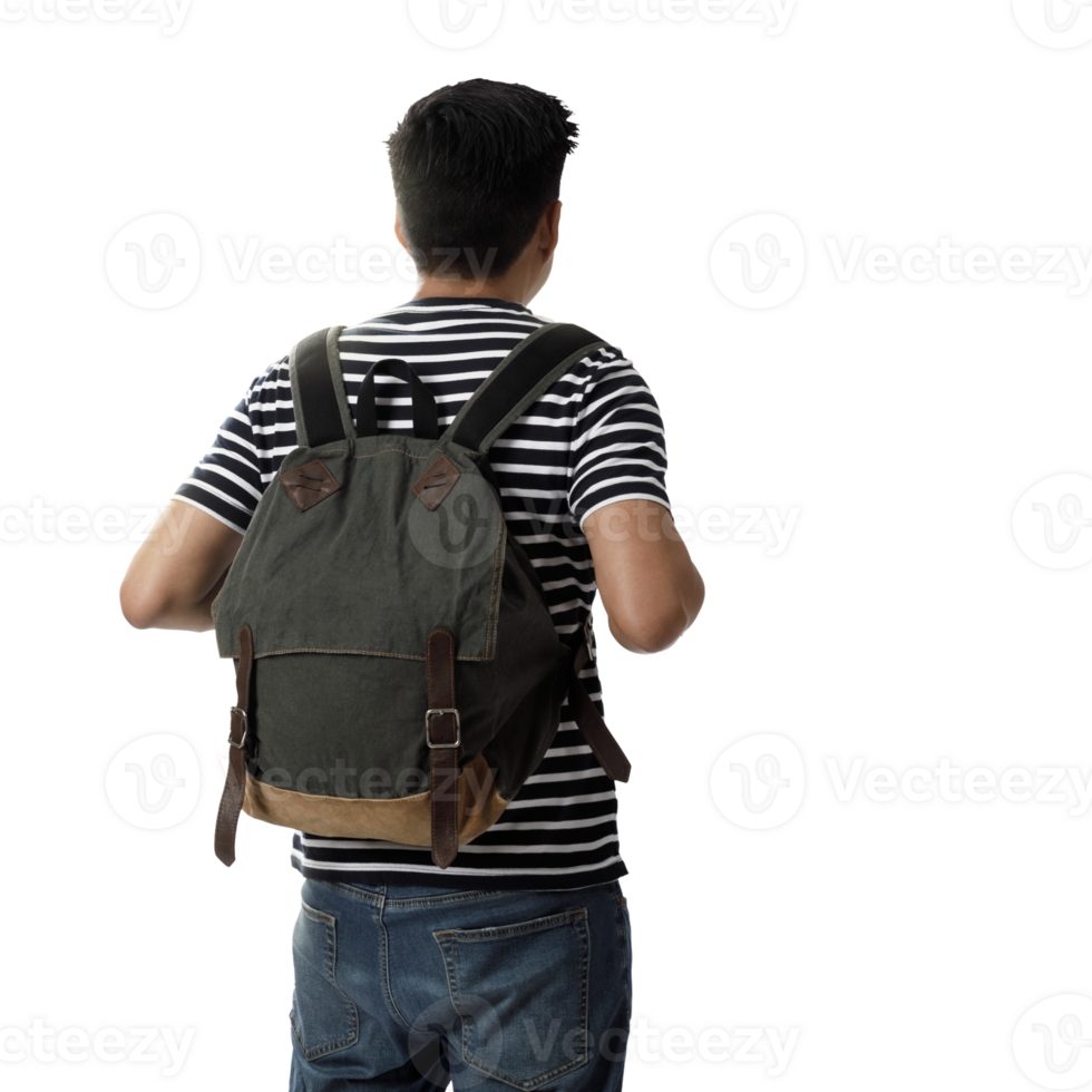 A young traveler man with backpack in look searching direction on location map transparent background png, Adventure and travel in the mountains region concept png