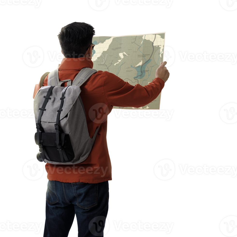 A young traveler man with backpack in look searching direction on location map transparent background png, Adventure and travel in the mountains region concept png