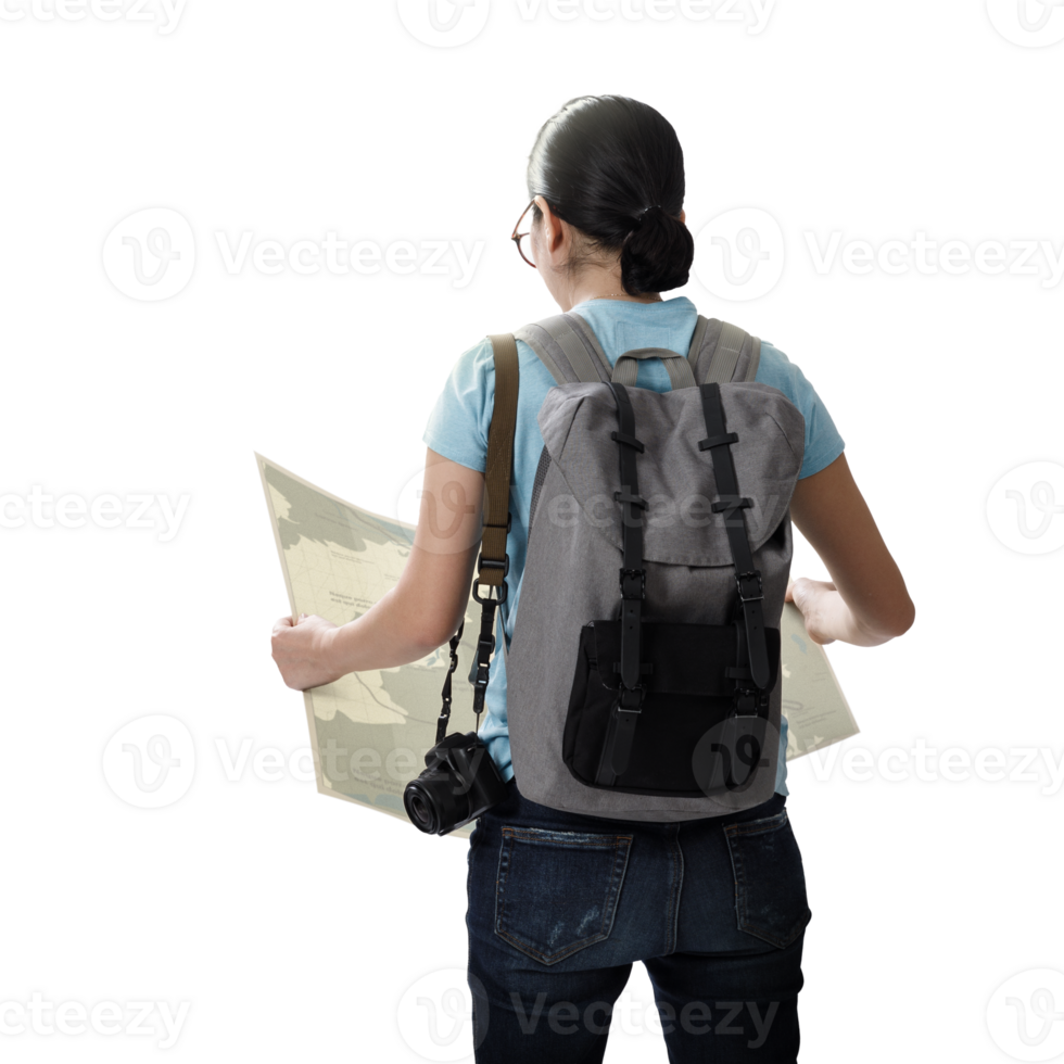 Travelling tourist with her backpack look searching direction on location map transparent background png, Adventure and travel in the mountains region concept png