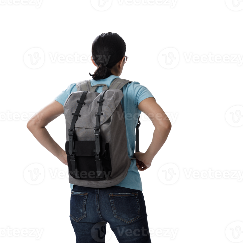 Travelling tourist with her backpack look searching direction on location map transparent background png, Adventure and travel in the mountains region concept png