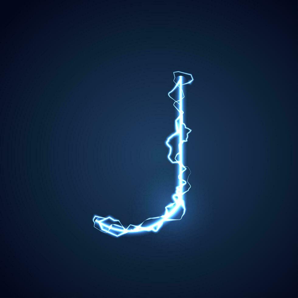 Blue lightning style letter or alphabet J. lightning and thunder bolt or electric font, glow and sparkle effect on blue background. vector design.