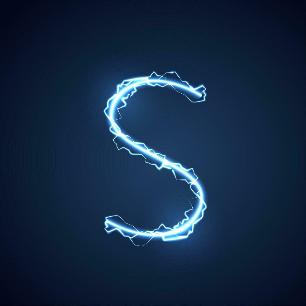 Blue lightning style letter or alphabet S. lightning and thunder bolt or electric font, glow and sparkle effect on blue background. vector design.
