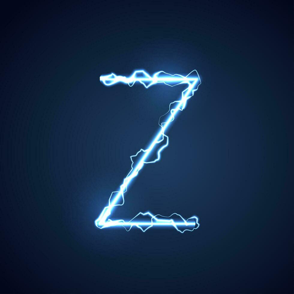 azul relámpago estilo letra o alfabeto z. relámpago y trueno tornillo o eléctrico fuente, resplandor y brillar efecto en azul antecedentes. vector diseño.