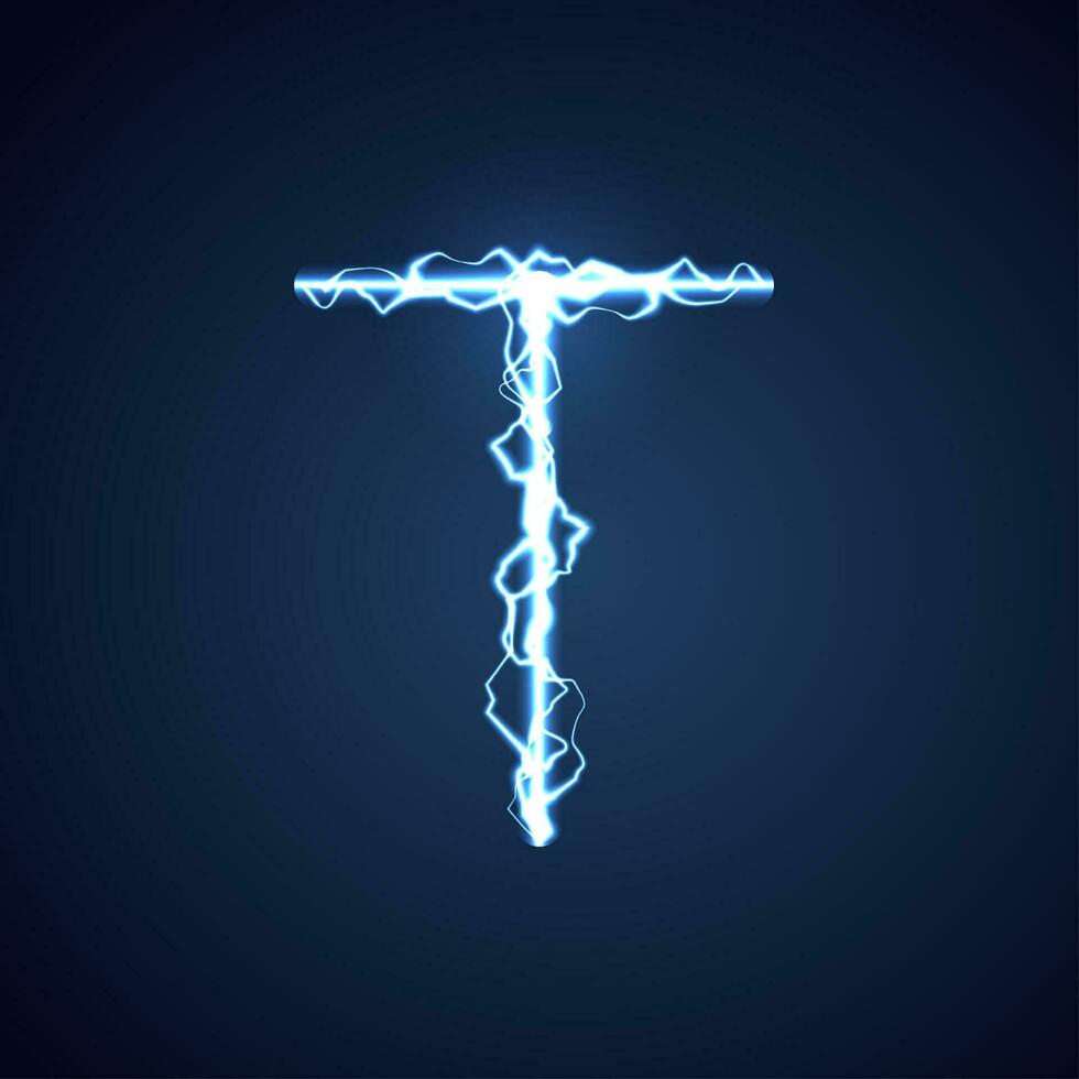 Blue lightning style letter or alphabet T. lightning and thunder bolt or electric font, glow and sparkle effect on blue background. vector design.