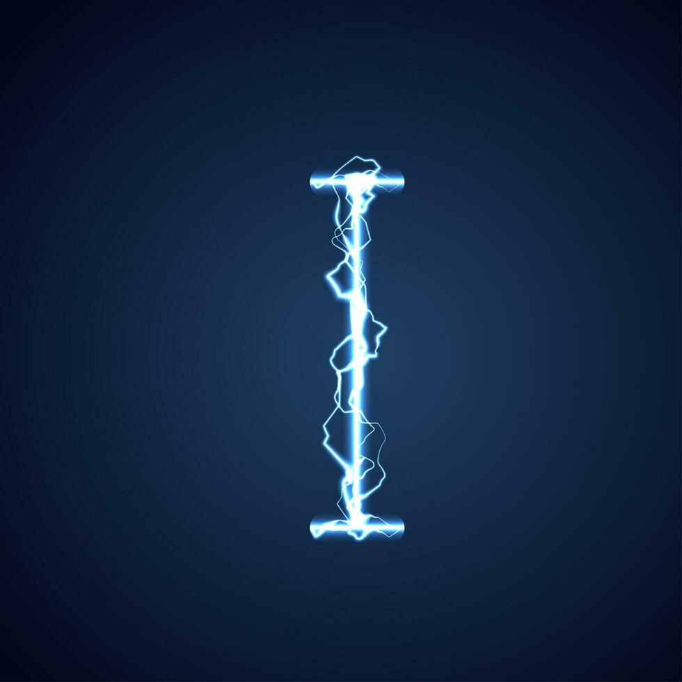 Blue lightning style letter or alphabet I. lightning and thunder bolt or electric font, glow and sparkle effect on blue background. vector design.