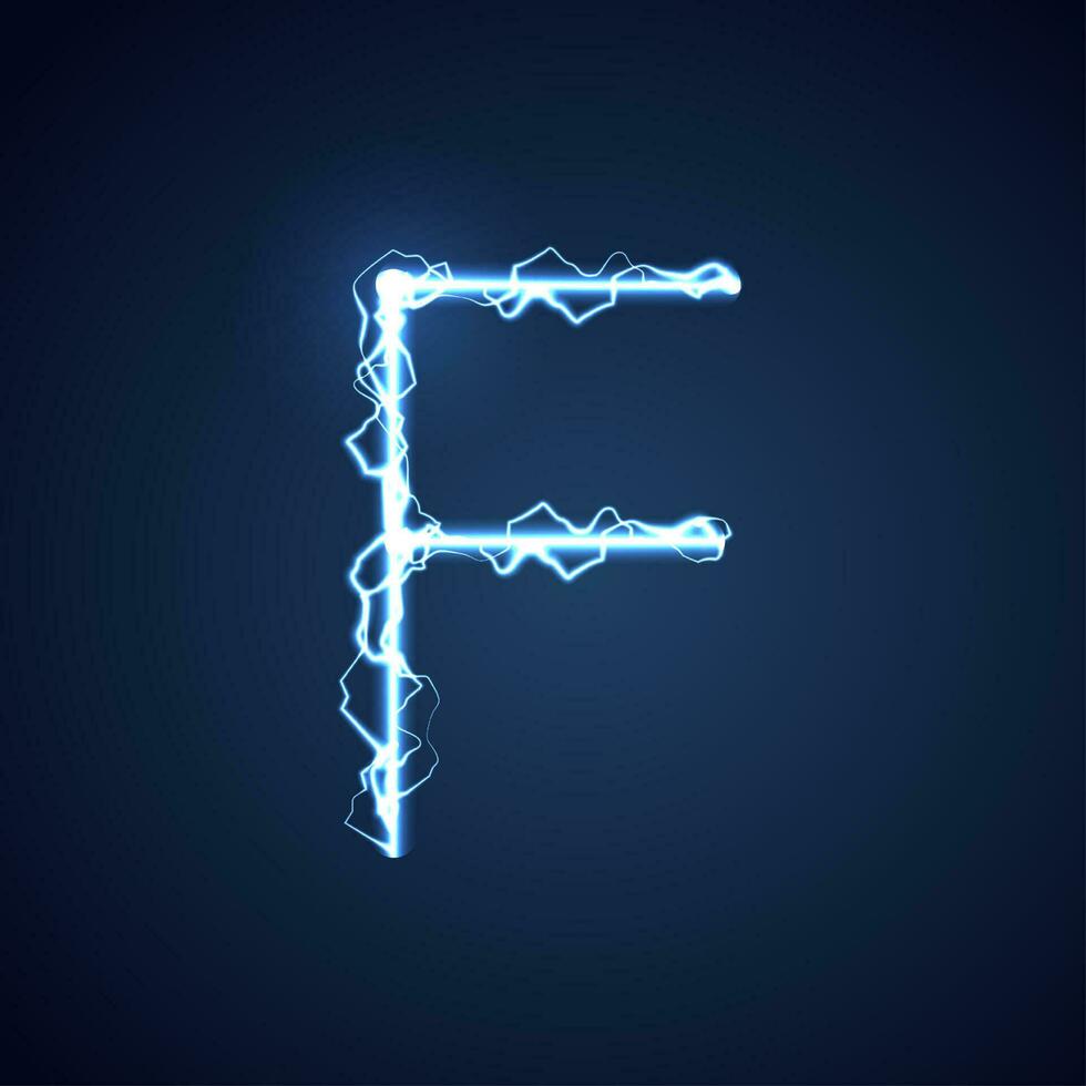 Blue lightning style letter or alphabet F. lightning and thunder bolt or electric font, glow and