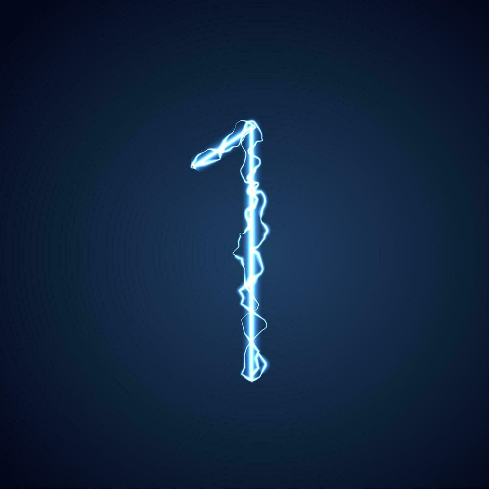 Blue lightning style letter or alphabet 1. lightning and thunder bolt or electric font, glow and sparkle effect on blue background. vector design.