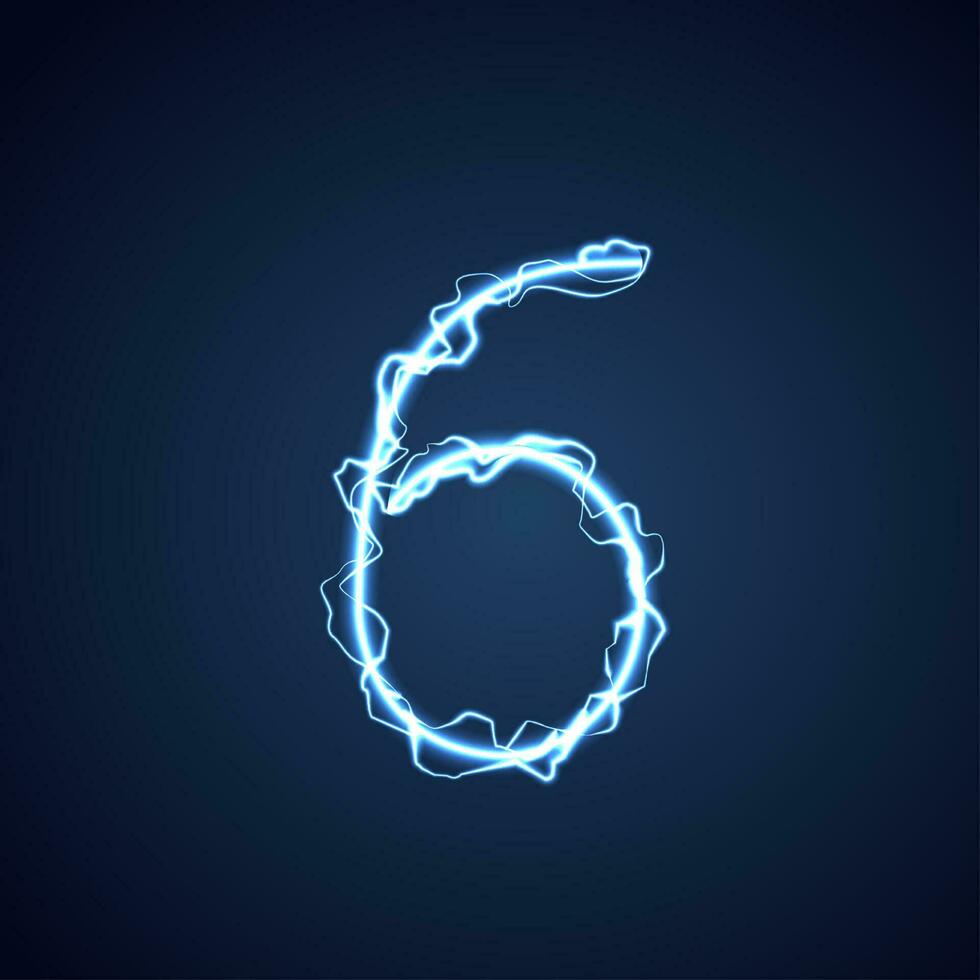 Blue lightning style letter or alphabet 6. lightning and thunder bolt or electric font, glow and sparkle effect on blue background. vector design.